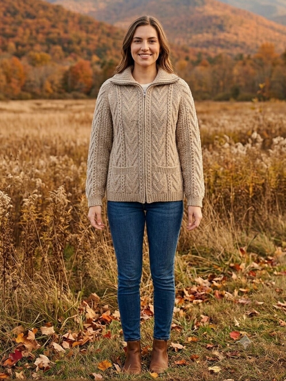 Irish Traditional Hand Knit Zip Front Cable Knit Chunky Wool Sweater Jacket Tan